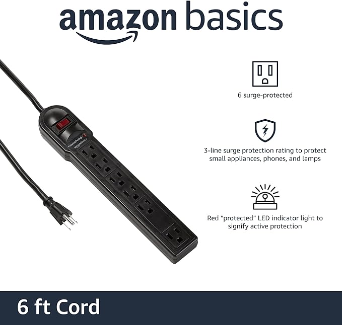 Amazon Basics Surge Protector Power Strip, 6-Outlet, 790 Joules, LED Indicator, 6ft Extension Cord, Black-DeskLoop Office