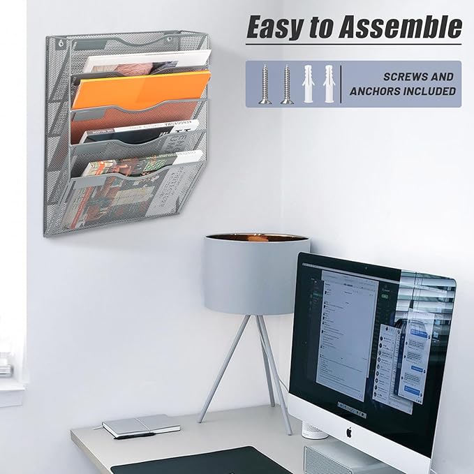 EASEPRES 5 Pocket Mesh Hanging Wall File Organizer, Wall Mounted Mail Paper Document Folder Holder, Clipboard Storage Organization Magazine Rack with Nametag Label for Office Home School, Gray-DeskLoop Office