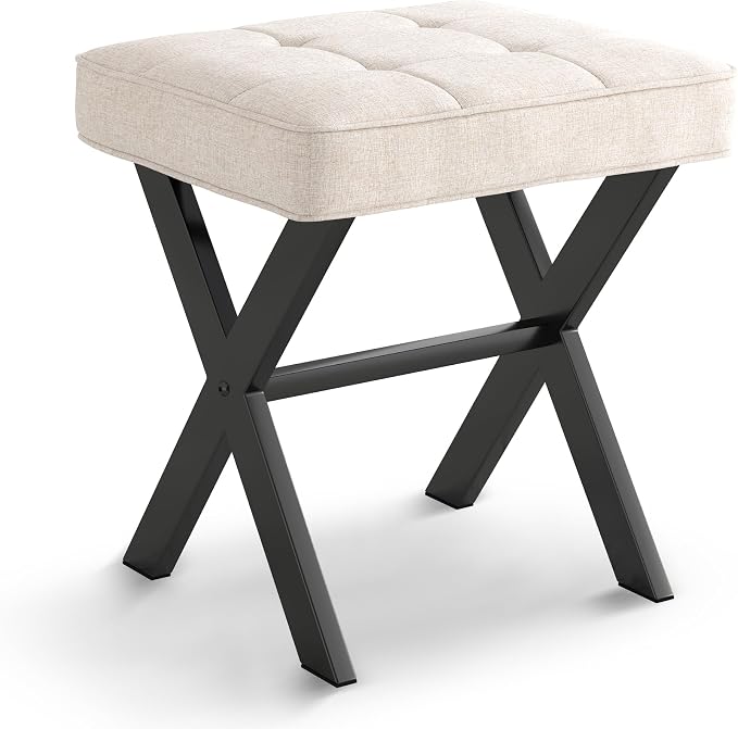 LUE BONA Ottoman Foot Stool Vanity Stool, Square Linen X-Leg Foot Rest Ottoman - Image 8