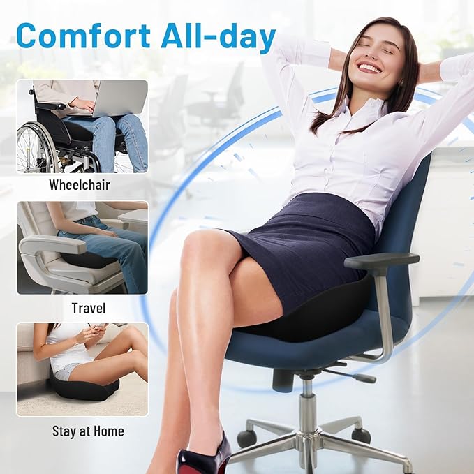 Seat Cushion, Memory Foam Office Chair Cushions, Ergonomic Curved Design for Sciatica, Tailbone, Coccyx, Seat Support for Car, Desk Chair, Wheelchair, Enhances Long Sitting Comfort (Black)-DeskLoop Office