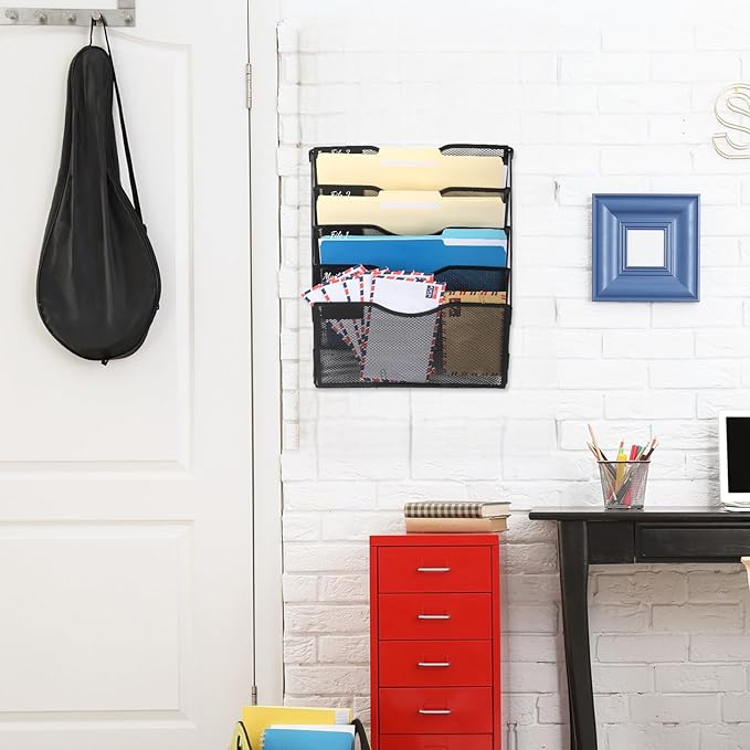 EASEPRES 5 Pocket Mesh Hanging Wall File Organizer with Hangers & Nametag Label, Wall Mounted Mail Paper Document Folder Holder, Clipboard Storage Organization Magazine Rack for Office Cubicle, Black-DeskLoop Office