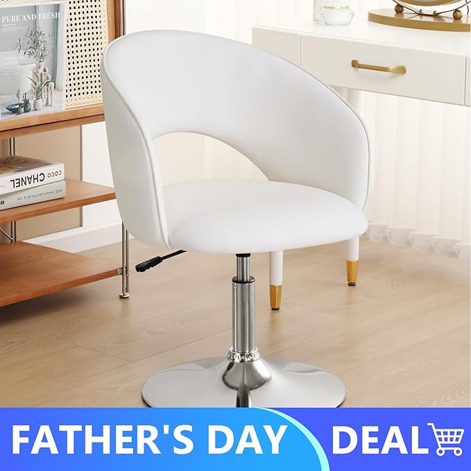 Furnimart Vanity Chair White Leather Vanity Stool, Height Adjustable Accent Chair with Back, Round Swivel Makeup Chair for Living Room Bedroom Vanity Makeup Room (PU White)-DeskLoop Office