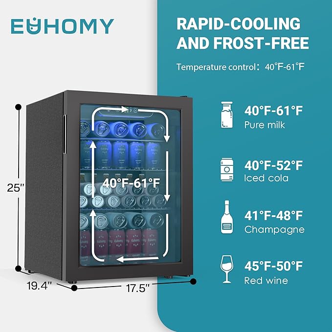EUHOMY 100 Can Beverage Refrigerator cooler-Mini Fridge Glass Door for Beer Drinks Wines, Freestanding Beverage Fridge with Adjustable Shelves Blue LED for Home/Office/Dorm/Bar, 2.7 cu.ft-DeskLoop Office