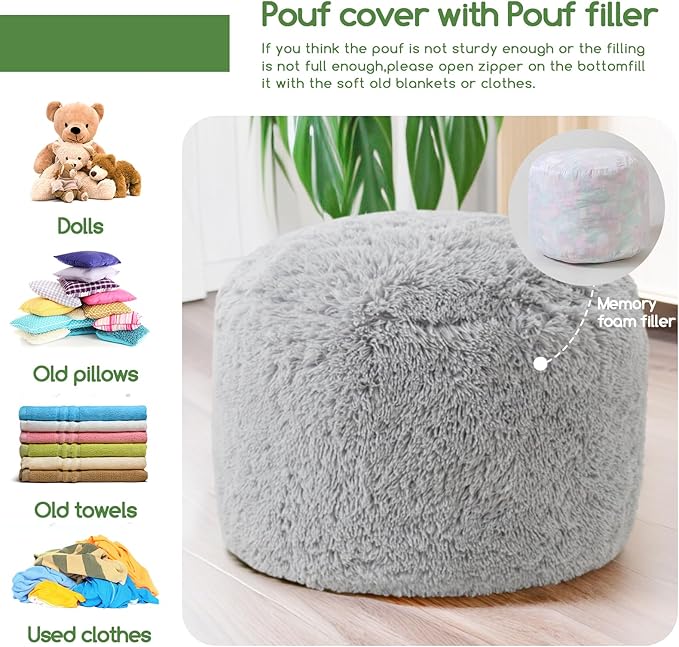 HIGOGOGO Round Stuffed Pouf Ottoman, Long Faux Fur Poufs with Foam Chunk Filling, Fluffy and Furry Pouf Foot Stool Storage Ottoman, 26 X 18 Floor Poufs Foot Rest for Living Room, Light Grey-DeskLoop Office