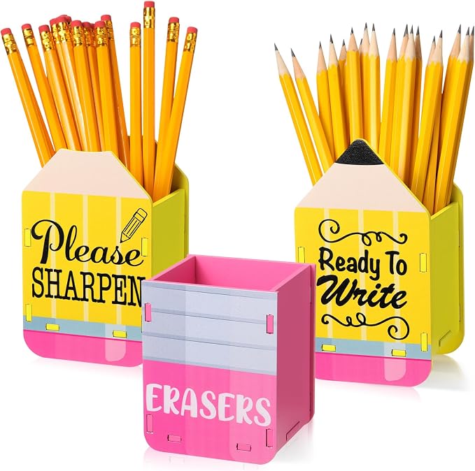 DoubleFill 3 Pcs Sharp and Dull Pencil Holder Eraser Buckets Wooden Shaped by DoubleFill