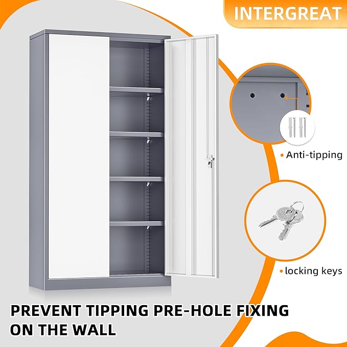 INTERGREAT Garage Storage Cabinets with Doors and Shelves,72" Grey White Steel Tool Locking Cabinet, Metal Storage Cabinet for Home Office, Warehouse, School-DeskLoop Office