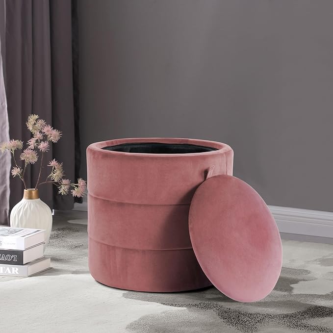 HomePop Storage Round Ottomanwith Removable Lid Home Décor|Upholstered Round Velvet Foot Rest Ottoman - Blush Pink Velvet-DeskLoop Office