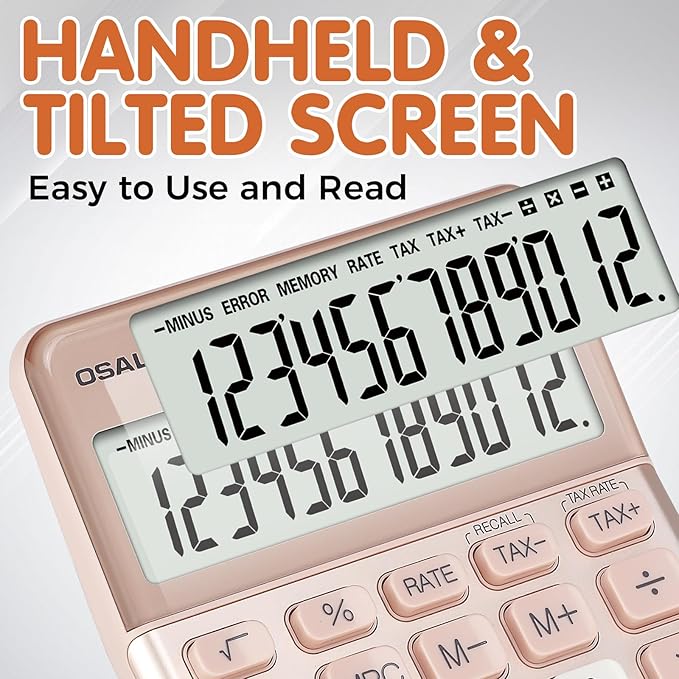 Pendancy Office Small Calculator Desktop with Tax+/- for Tax Calculation, 12 Digit Large LCD Display, Solar Battery Power, Durable Portable Design, Financial Accounting Business Home Use(OS-200T-Pink)-DeskLoop Office