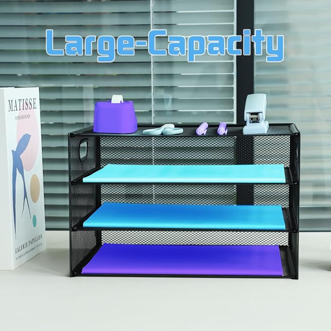 3 Tier Desk Organiser with Handle, Pull-Out Mesh File Organizer - Image 5