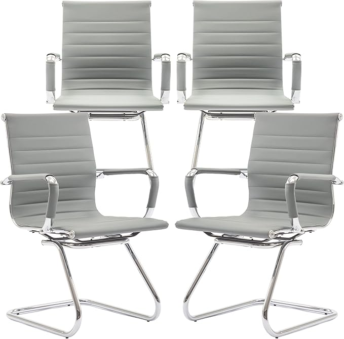 Office Desk Chair No Wheels Set of 4 PU Leather Computer Chairs Mid Back Guest Chairs for School Reception Conference Waiting Room, Grey-DeskLoop Office
