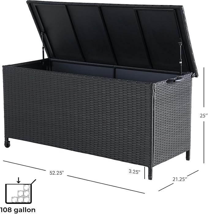 Grand patio 108 Gallon Deck Storage Box Indoor Outdoor Wicker Bin for Patio Furniture Cushions Garden Tools Pool Accessories, Black-DeskLoop Office