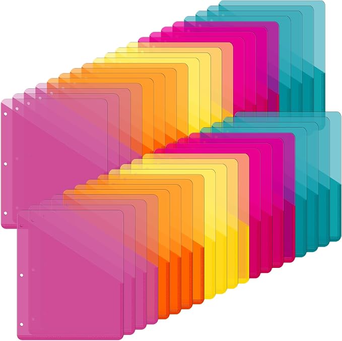 Maitys 50 Pack Binder Pockets 3 Hole Punch Clear Plastic Document Folders by Maitys