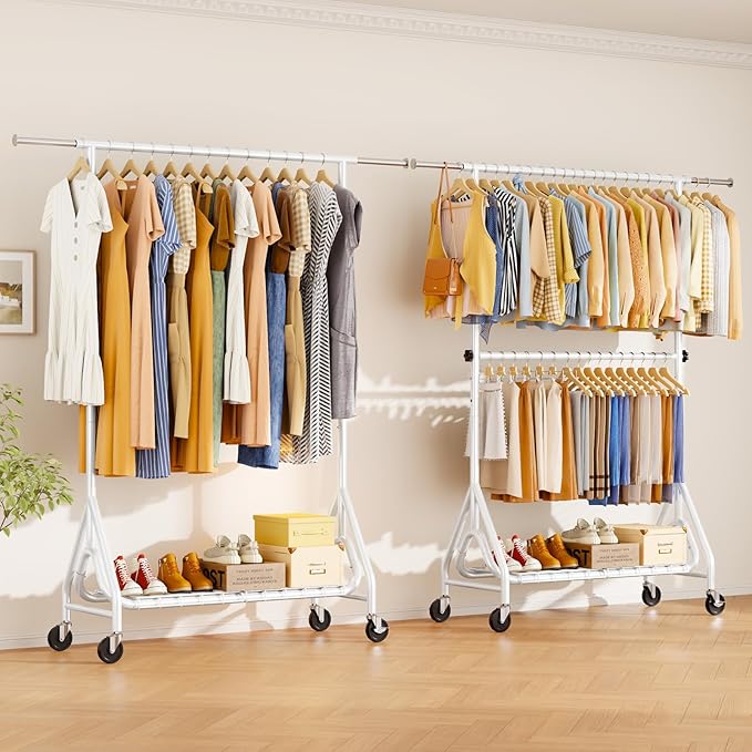 Double Rods Clothing Rack, Heavy Duty Clothes Rack for Hanging Clothes Load 560LBS, Metal Rolling Garment Racks with Wheels, Freestanding Clothes Hanging Racks, White-DeskLoop Office