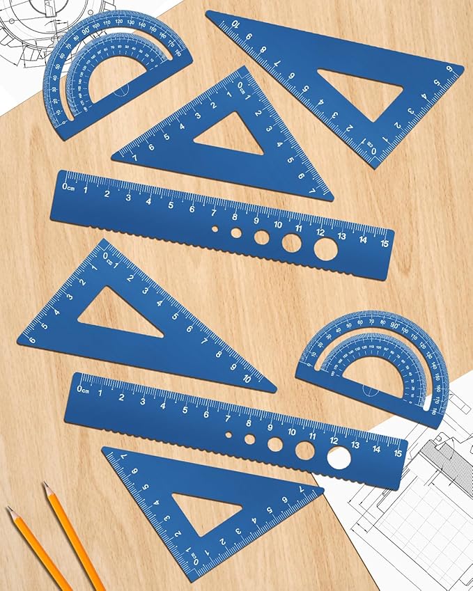 Honagu Triangular Ruler Set, 8 Pieces/2 Sets Aluminum Alloy Ruler, Metal Drafting Ruler, Geometric Protractor for Students, Draftsmen, Engineers, School Office Supplies (Blue+Blue)-DeskLoop Office