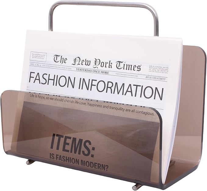 Magazine Holder, Brown Clear Acrylic with Stainless Steel Handle, Tabletop Display Stand-DeskLoop Office