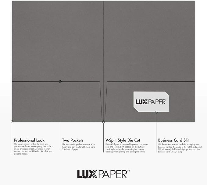 LUXPaper 9" x 12" Presentation Folders | Two Pocket | Smoke Gray | 100lb. Cover - Image 2