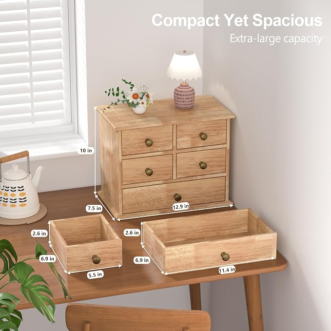 Oak Desk Organizer with Drawers, Wooden Desktop Storage Box with Metal Handles - Image 2