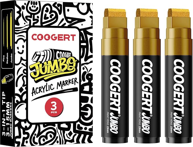 Coogert 3Pcs Gold Jumbo Poster Markers, 15MM Thick Permanent Acrylic Graffiti by CoogertPaintPens