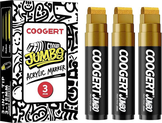 Coogert 3Pcs Gold Jumbo Poster Markers, 15MM Thick Permanent Acrylic Graffiti by CoogertPaintPens