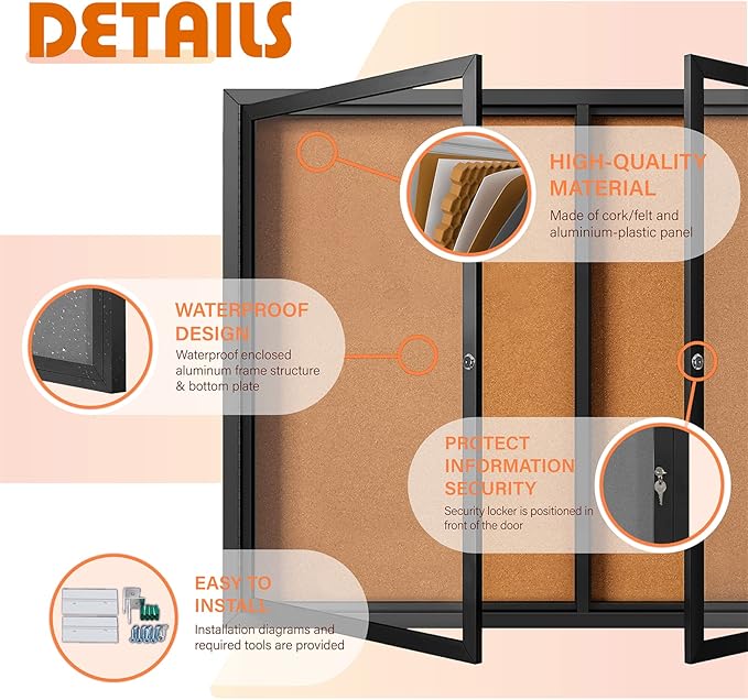 Enclosed Bulletin Board Outdoor Noticeboard with Locking Door, Weather-Resistant, Cork, Black Aluminum Frame, 70 x 36 in-DeskLoop Office