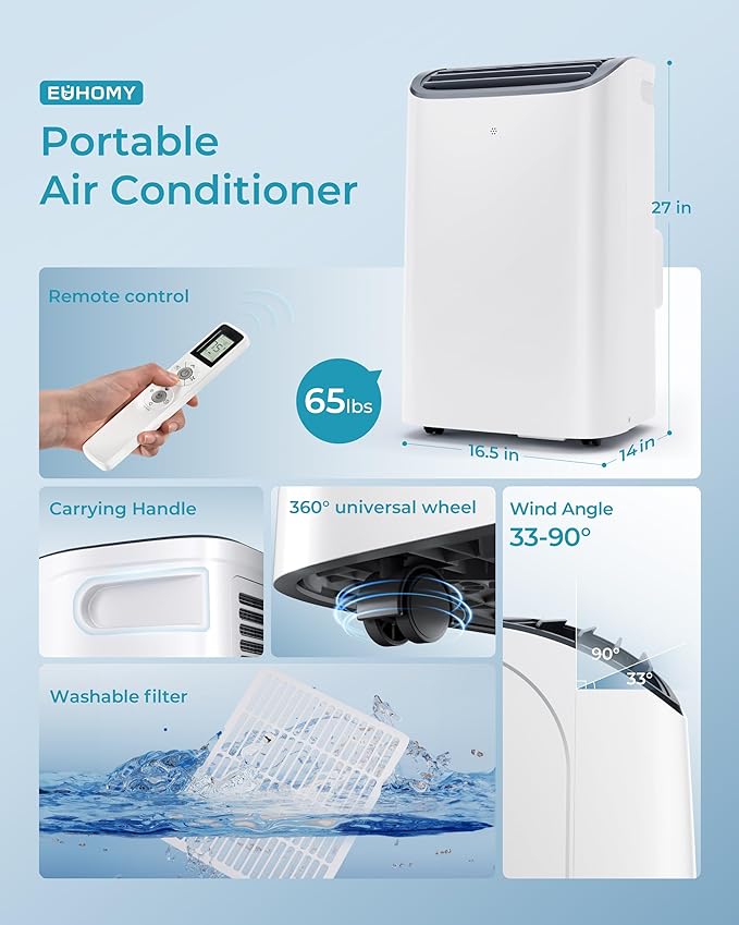 EUHOMY Portable Air Conditioners, 14000 BTU Portable AC Unit up to 700 Sq.Ft, 4-in-1 Portable Air Conditioner with Cool,mDehumidifier, Fan, Sleep Mode, 24H Timer, Remote, for Apartment, RVs, Bedroom-DeskLoop Office