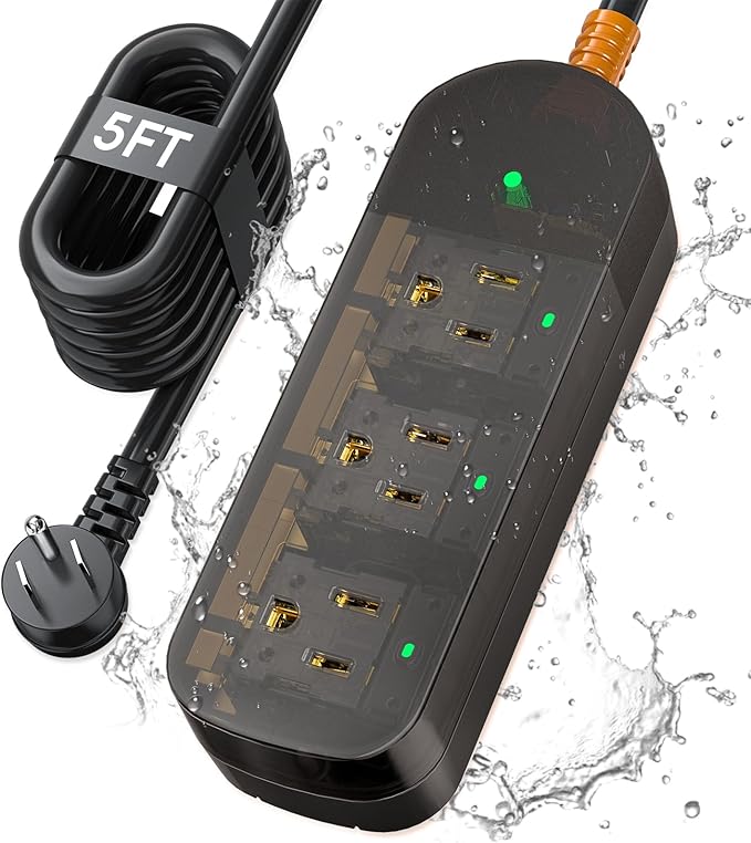 Power Strip Weatherproof, Transparent Surge Protector with 3 Wide Outlets, 1625W/13A,5FT Flat Plug Multi-Plug Outdoor Extension Cord for Indoor Outdoor, UL FCC Listed-DeskLoop Office