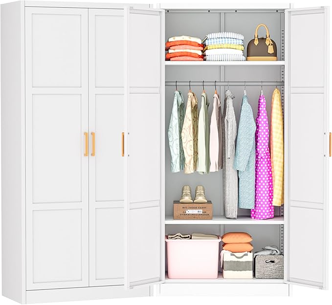 Greenvelly Metal Wardrobe Cabinet with Wooden Handle, 72" Metal Wardrobe Closet with Hanging Rods and Adjustable Shelves, Clothing Storage Closet Cabinet for Home, Office, Employee, Gym (White)-DeskLoop Office