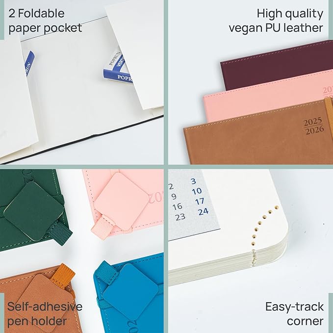 POPRUN Academic Planner 2025-2026, 8.5'' x 11.25'', Quarter-Hourly Appointment Book (July 2025-June 2026) with PU Leather Soft Cover, Dual Pockets, Monthly Tabs, 100GSM Thick Paper - Brown