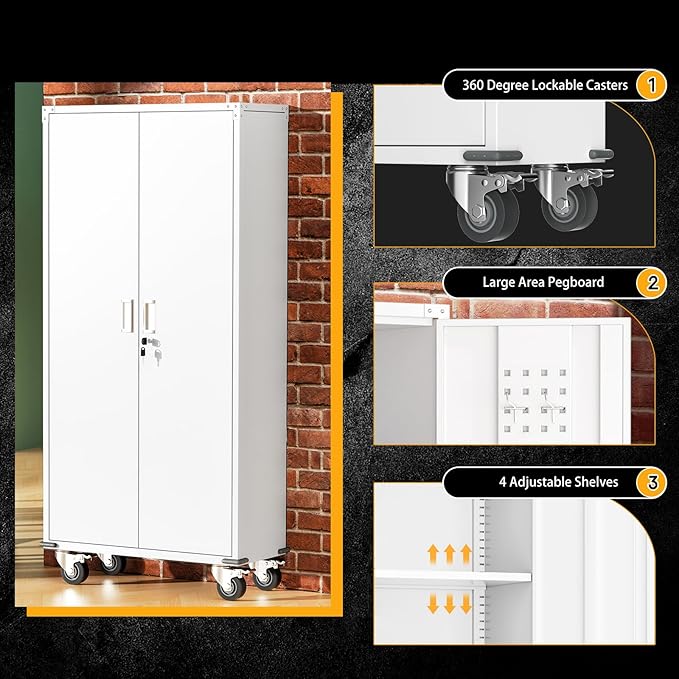 Greenvelly 72" Metal Storage Cabinet with Wheel and Pegboard, Lockable White Metal Garage Cabinets with 2 Doors and 4 Adjustable Shelves, Rolling Steel Tool Cabinet for Garage, Home Office, School-DeskLoop Office