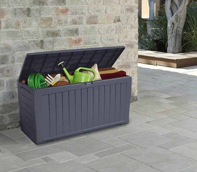 Keter Marvel Plus 71 Gallon Resin Deck Box-Organization and Storage for Patio Furniture Outdoor Cushions, Throw Pillows, Garden Tools and Pool Toys, Dark Grey-DeskLoop Office