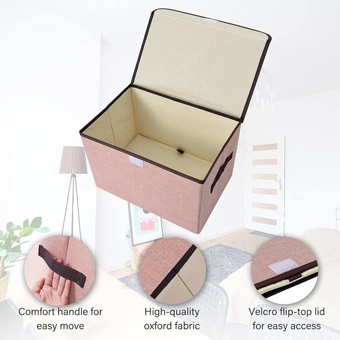 Linen Fabric Foldable Storage Cube Bin Organizer Basket with Flip-Top Lid & Handles, Large Clothes Blanket Box for Home, Office, Closet, Pink, 4 Pack 14.6 x 9.5 x 9.5”-DeskLoop Office
