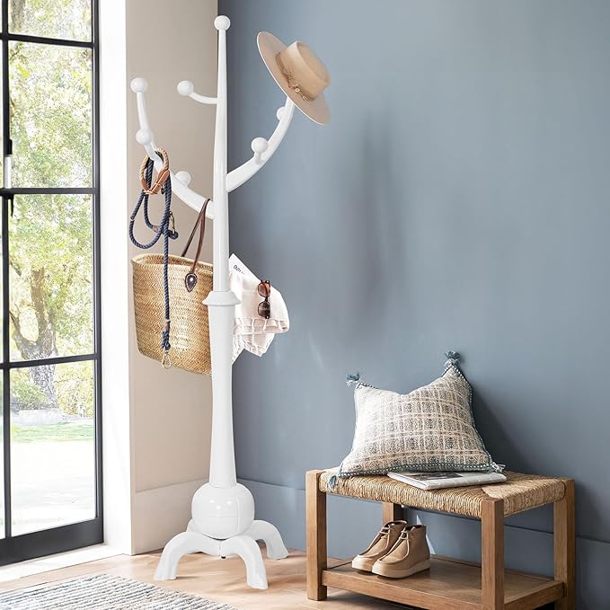 Coat Rack, Solid Wood Coat Racks Stand, Free Standing Coat Rack Coat Hanger with Hooks for Jaceket, Winter Coats, Entryway, Hallway, Bedroom - Load 160lbs (White)-DeskLoop Office