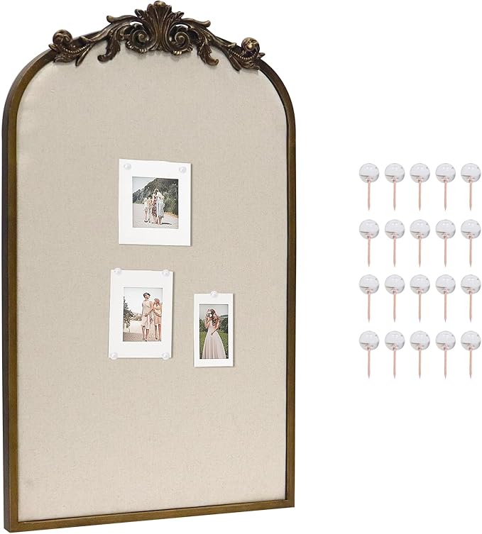 Arch Fabric Pinboard, Antique Gold Bulletin Boards 19"x31", Vintage Cork Board with Ornate Iron Frame for Wall Unique Display, Organization and Decor Options-DeskLoop Office