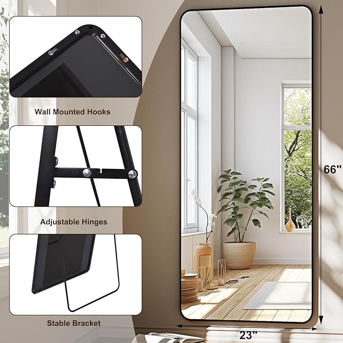 HARRITPURE 66x23 inch Rounded Full Length Mirror Aluminum Frame Mirror Full Length Floor Mirror with Stand for Living Room Bedroom Cloakroom,Black-DeskLoop Office