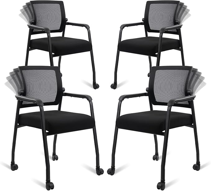 Waiting Room Chairs with Wheels, Adjustable Mesh Backrest, Desk Chair with Ergonomic Lumbar Support and Thickened Seats Cushion, 4 Pack Black-DeskLoop Office