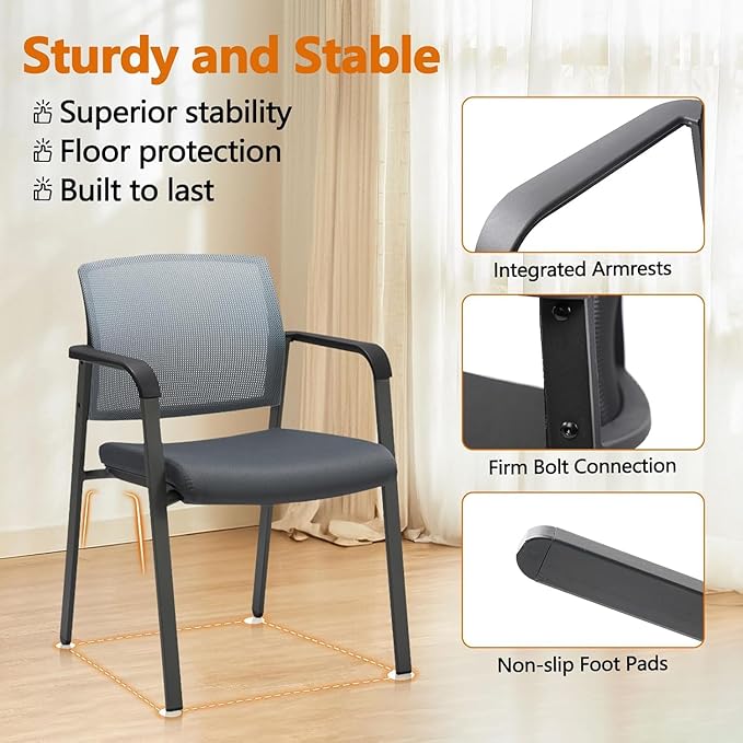 CLATINA Mesh Back Stacking Arm Chairs with Upholstered Fabric Seat and Ergonomic Lumbar Support for Office School Church Guest Reception Grey (Gray-8 Pack)-DeskLoop Office