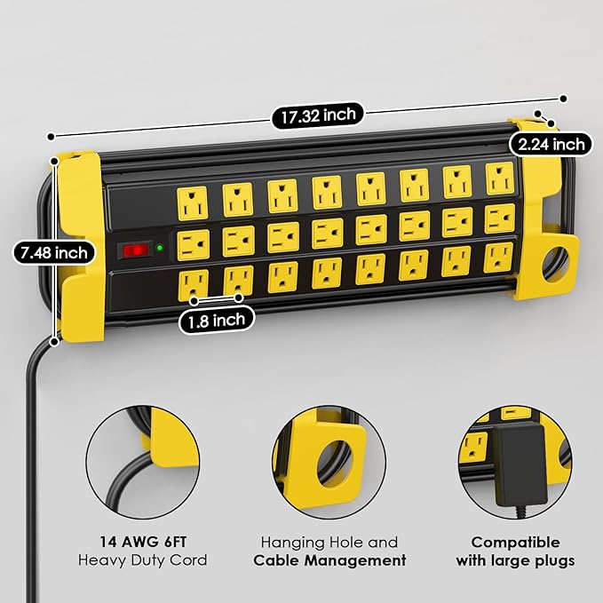 HHSOET Heavy Duty Power Strip with Surge Protection, Industrial Commercial Metal 24 Outlets Wall Mount for Garage Shop, 15 Amp, Switch, 6FT Extension Cord, Black.-DeskLoop Office
