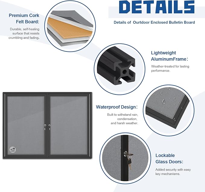 Weatherproof Enclosed Bulletin Board 44x32 Inch, Lockable Wall-Mounted Outdoor Grey Felt Noticeboard, Aluminum Frame Weather-Resistant Display Case for Office, School, Community-DeskLoop Office