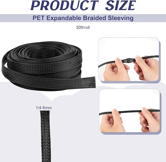 50ft 1/4 Braided Wire Loom PET Cable Loom Expandable Braided Cable Sleeving - Image 2