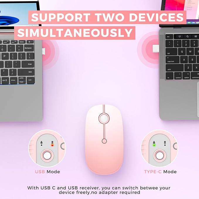 VssoPlor Type C Wireless Mouse, USB C MacBook Wireless Mouse Dual Mode 2.4G Cordless Mice with Nano USB and Type C Receiver Compatible with PC, Laptop, MacBook, ipad-Gradient Pink-DeskLoop Office
