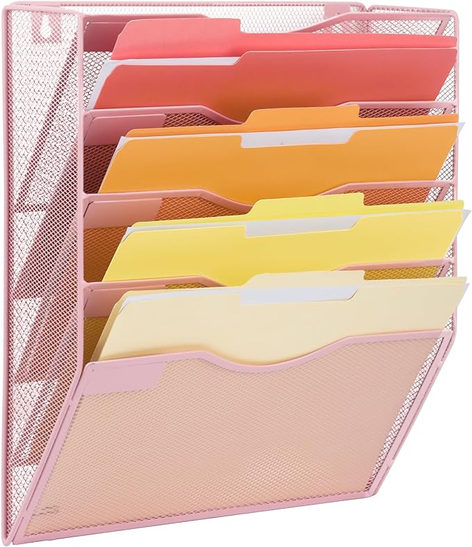 EASEPRES 5 Pocket Mesh Hanging Wall File Organizer, Wall Mounted Mail Paper Document Folder Holder, Clipboard Storage Organization Magazine Rack with Nametag Label for Office Home School, Pink-DeskLoop Office