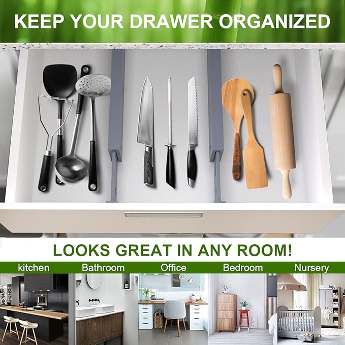 ANTOWIN Bamboo Drawer Dividers Organizers, Expandable Drawer Separators Splitter,17-22 inches Long Adjustable Spring-loaded Organizer for Large Utensil, Clothes, Tools Drawers (Grey)-DeskLoop Office