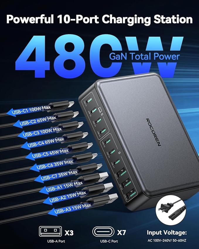 480W USB C Charger Block, Rocoren 10-Ports USB C Charging Station for Multiple Devices,PD 100W Type c Gan Fast Charger Station Multi USBC Charging Hub for Laptop MacBook HP iPad iPhone Samsung-DeskLoop Office