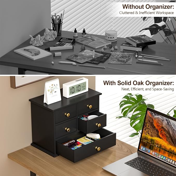 Oak Desk Organizer with Drawers, Durable Wooden Desktop Storage Box with Metal - Image 5
