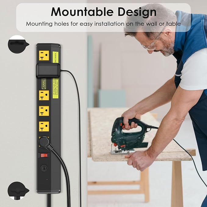 JUNNUJ Heavy Duty Metal Power Strip 20 Amp, High Amp Surge Protector 6 Outlet, 20A Power Strips Workshop Industrial Outlets Wide Spaced 6-20R T-Slot with Circuit Breaker, 12 Gauge Extension Cord 15ft-DeskLoop Office