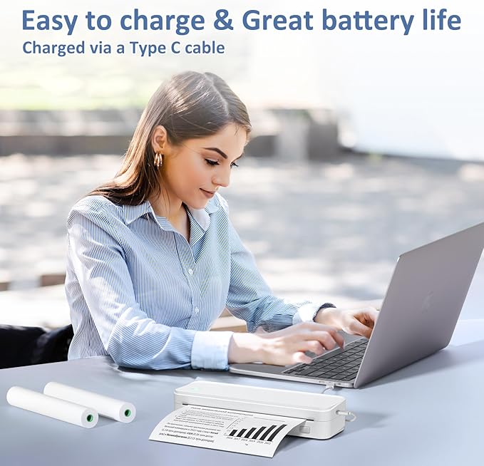 Inkless Portable Printer for Travel, Wireless Thermal Printer Supports 8.5 x 11 Inch US Letter Size, Bluetooth Machine Includes Carry Case and 3 Rolls of Thermal Paper Kit, White-DeskLoop Office