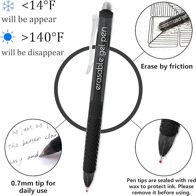 Vanstek 18 Black Retractable Erasable Gel Pens Clicker, Fine Point(0.7), Make Mistakes Disappear, Premium Comfort Grip, Black Ink for Planners, Note Taking and Crossword Puzzles-DeskLoop Office