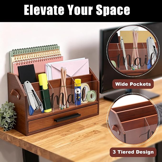 Wood Desk Organizer with Drawer, Bill Mail Organizer Countertop Workspace - Image 2