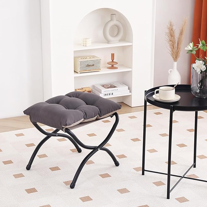 LITA Folding Upholstered Footrest Stool, Modern Small Portable Accent Ottoman with Detachable Thick Cotton Cushion Padded Sofa Stool with Metal Frame for Lazy Chair, Living Room & Bedroom, Dark Grey-DeskLoop Office