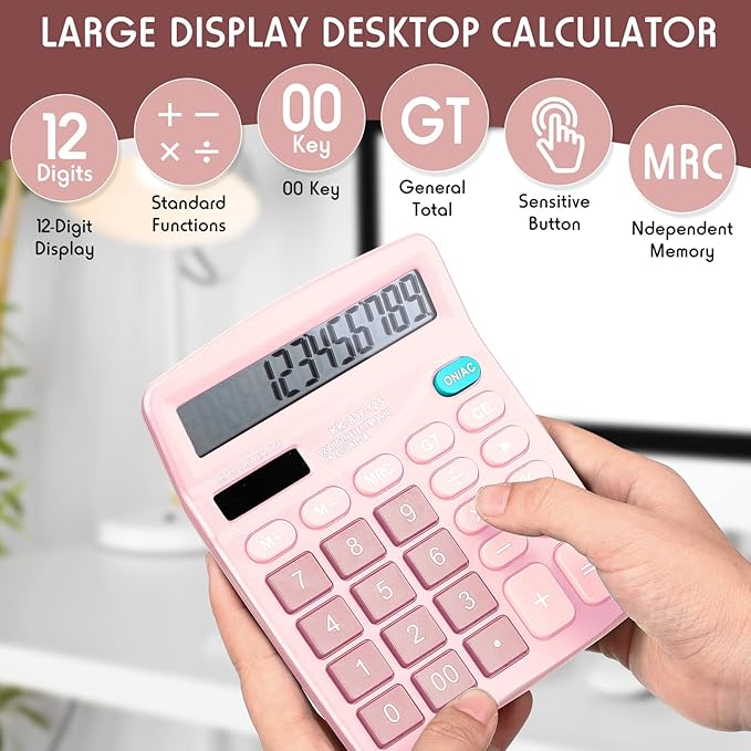 Konohan 8 Pieces 12-Digit Calculator, Solar Basic Desktop Calculator Large Display Electronic Dual Power Handheld for Home Office School(Pink)-DeskLoop Office